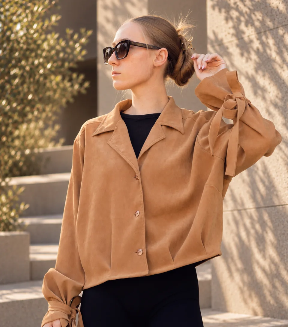 Dejvice 10 – brown cropped blazer with a suede-like finish and bow details