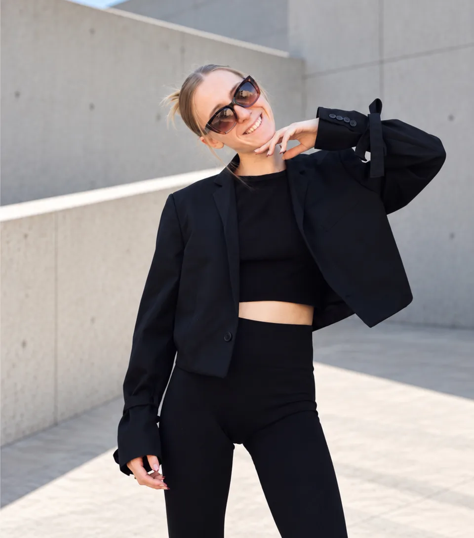 Dejvice 11 – cropped black blazer with bow details on the sleeves, front view